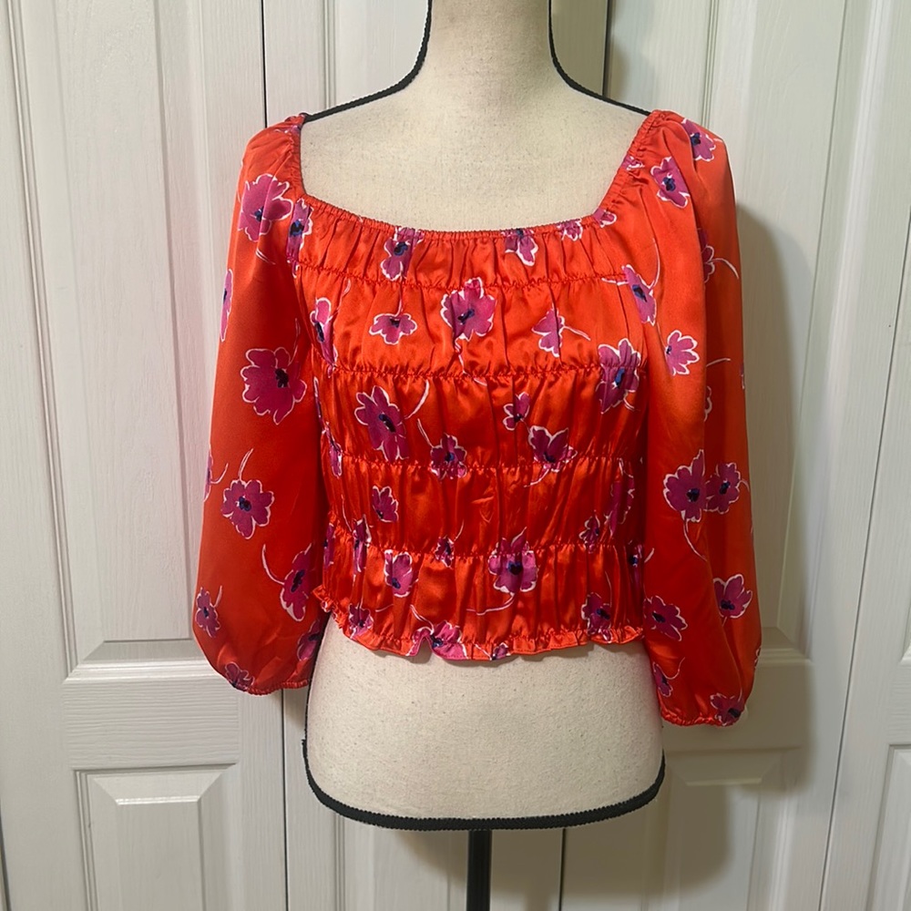 Sanctuary Think Of Me Woven Satin Floral Print Square Neck 3/4 Puffed Sl…